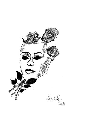 Enrico Josef Cucchi, Mask with Flowers, Original China Ink Drawing, 2020-ZCI-1384967