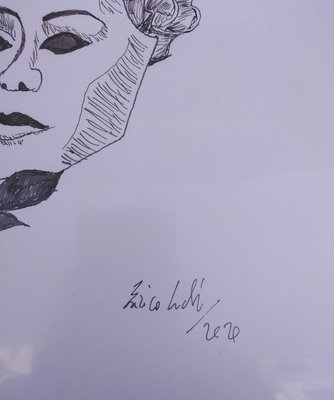 Enrico Josef Cucchi, Mask with Flowers, Original China Ink Drawing, 2020-ZCI-1384967