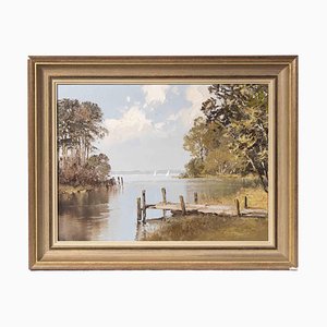 Erich Paulsen, Lakescape, Original Oil Painting, Late 20th Century, Framed-ZCI-1379374