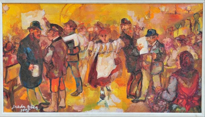 Erika Juhászb, Munich Pub During the Oktoberfest, 1950s, Oil on Canvas-QOR-2017282