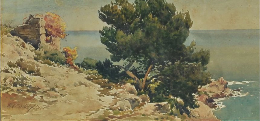 Ernest Lessieux, Lansdcape from the Coast of Mortola, Italy, 1890s, Watercolor-QOR-2017180