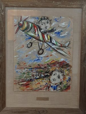 Ernesto Salvadó, Arlequin and the Plane, 1970s, Mixed Media on Paper-TCS-1282835