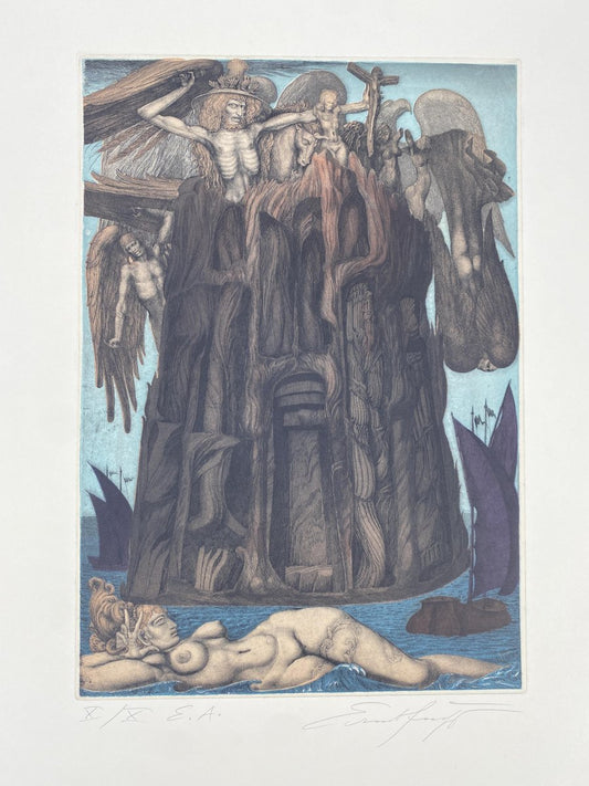 Ernst Fuchs, The Prison of Icarus, 1975, Aquatint Etching