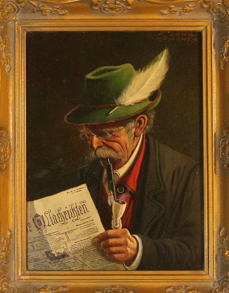 Ernst Lang, Man Reading, Mid-20th Century, Oil on Wood, Framed