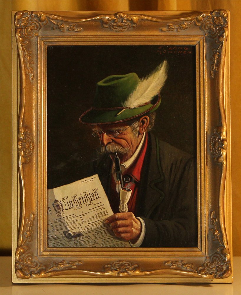 Ernst Lang, Man Reading, Mid-20th Century, Oil on Wood, Framed