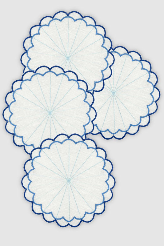 Escamas Blue Embroidered Linen Coasters by Los Encajeros, Set of 4