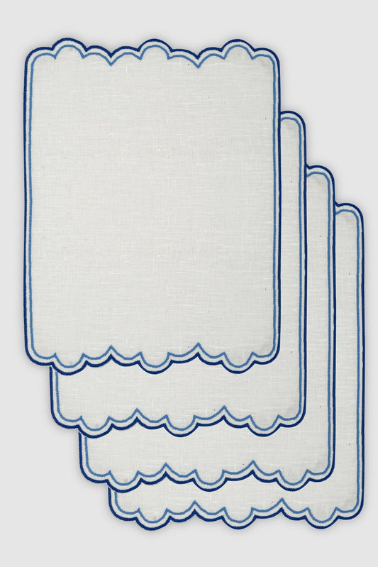 Escamas Blue Embroidered Linen Cocktail Napkins by Los Encajeros, Set of 4