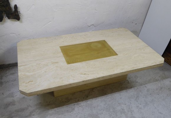 Etched Brass Travertine Coffee Table by Georges Matthias, 1970s-AWL-768008