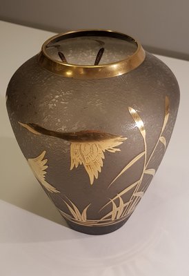 Etched Glass Vase with Gilded Decor and Crane by Alfred Taube for Füge & Taube, 1960s-QDP-828737