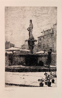 Ettore Beraldini, View of the Madonna Verona Fountain, 1928, Etching-MLN-1780281