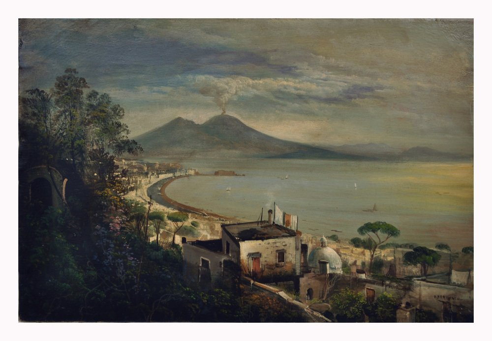 Ettore Ferrante, Italian Landscape Painting, Naples, Posillipo School, Oil on Canvas, Framed