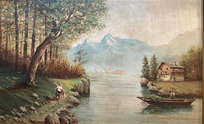 Ettore Percivaldi, Lake Landscape, 20th Century, Oil on Panel, Framed-PKM-1717563