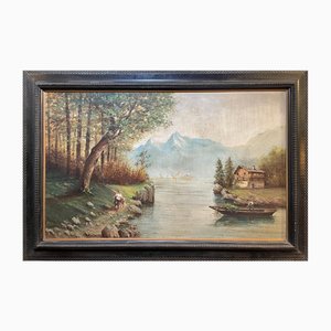 Ettore Percivaldi, Lake Landscape, 20th Century, Oil on Panel, Framed-PKM-1717563