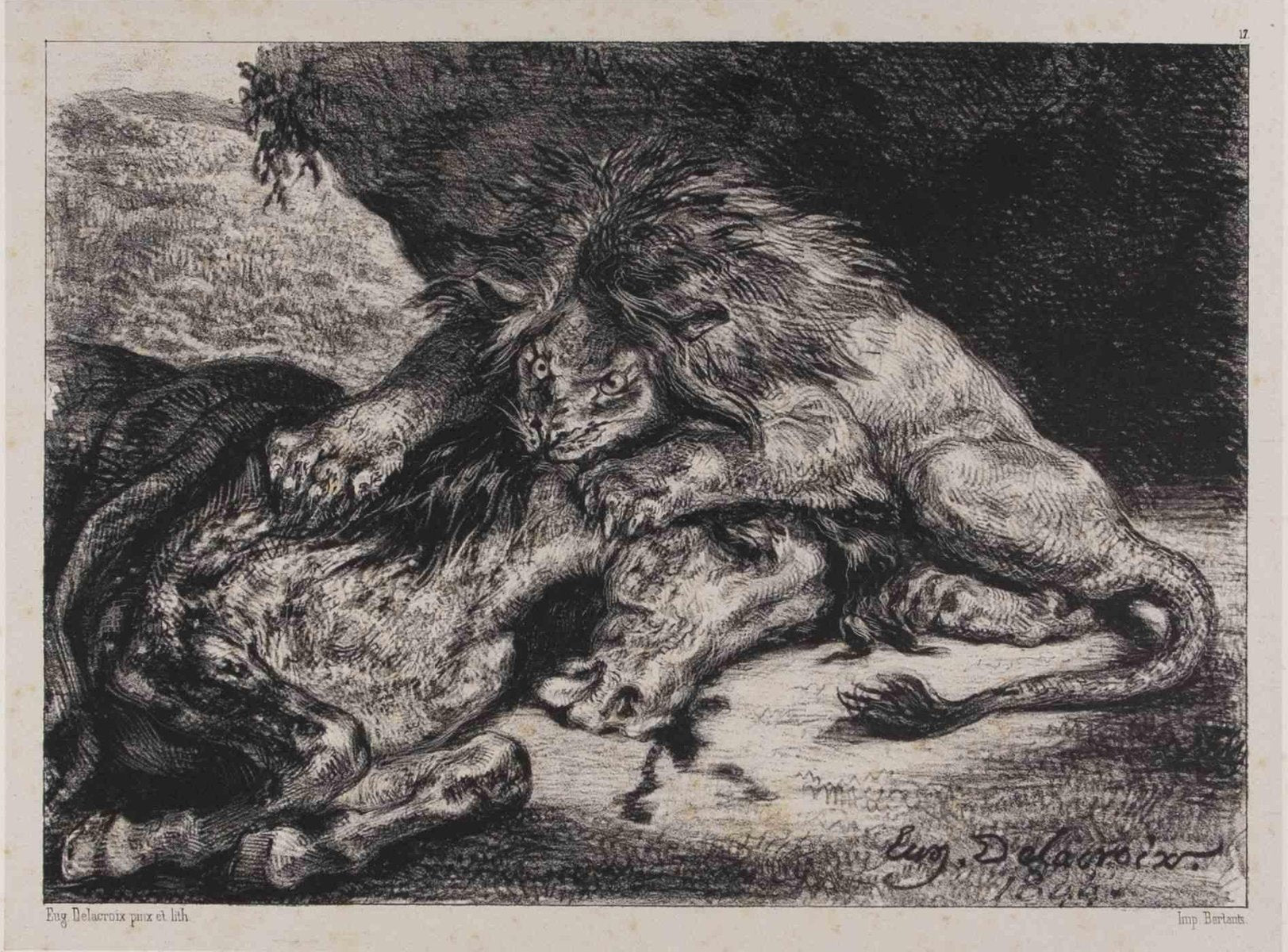 Eugène Delacroix, Lion Dévorant un Cheval, Original Lithograph, 1844