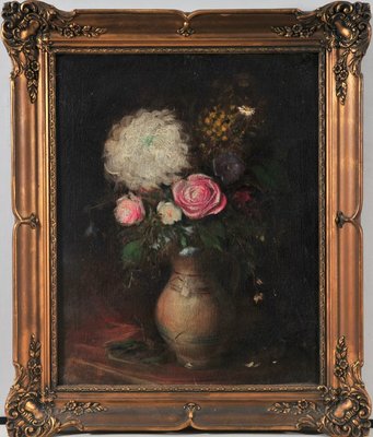 Eugéne Henri Cauchois. Still Life Painting of Flowers in a Pot, 1800s, Oil on Canvas-QOR-2017393