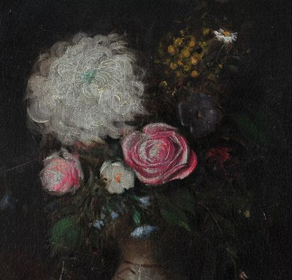 Eugéne Henri Cauchois. Still Life Painting of Flowers in a Pot, 1800s, Oil on Canvas-QOR-2017393