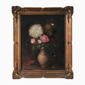 Eugéne Henri Cauchois. Still Life Painting of Flowers in a Pot, 1800s, Oil on Canvas-QOR-2017393