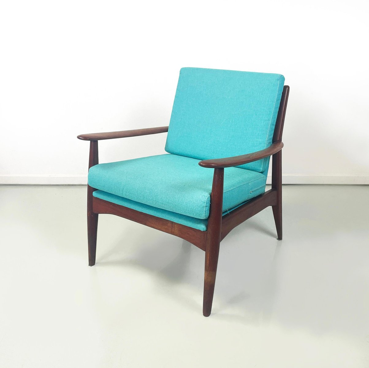 European Mid-Century Modern Armchairs in Light Blue Fabric and Wood, 1960s, Set of 2