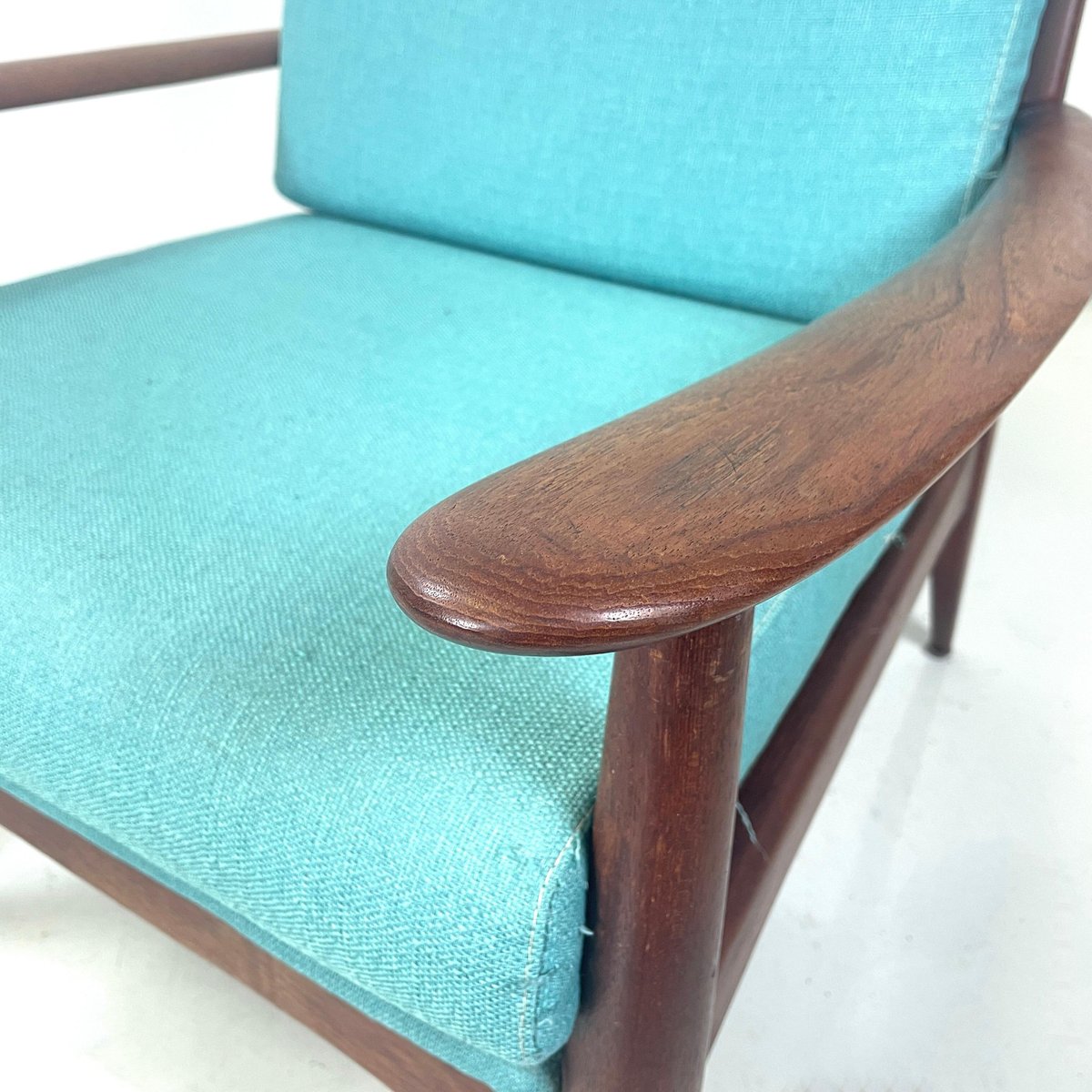 European Mid-Century Modern Armchairs in Light Blue Fabric and Wood, 1960s, Set of 2