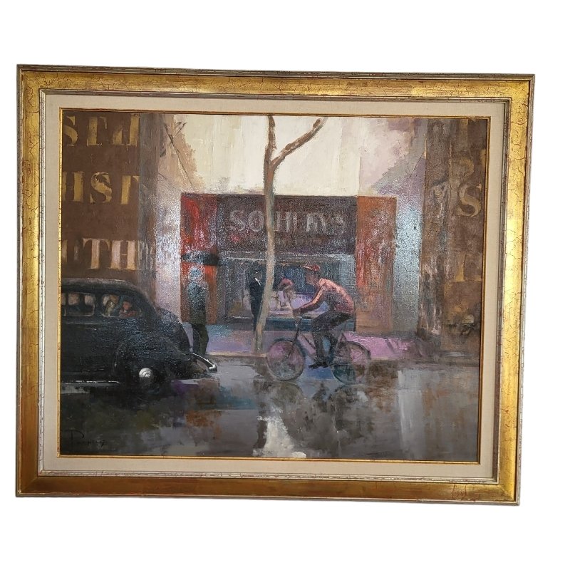 European School Artist, Scene with Cyclist, 1990s, Mixed Media, Framed