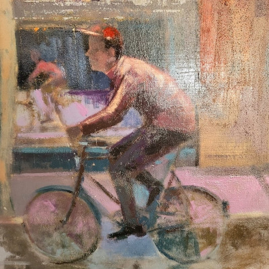 European School Artist, Scene with Cyclist, 1990s, Mixed Media, Framed