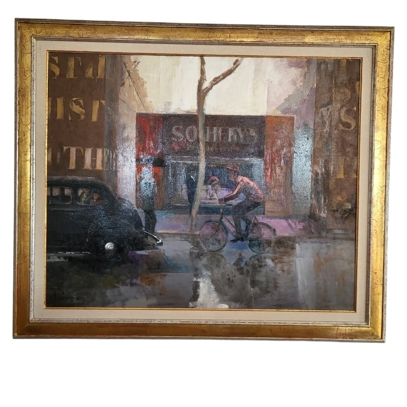 European School Artist, Scene with Cyclist, 1990s, Mixed Media, Framed