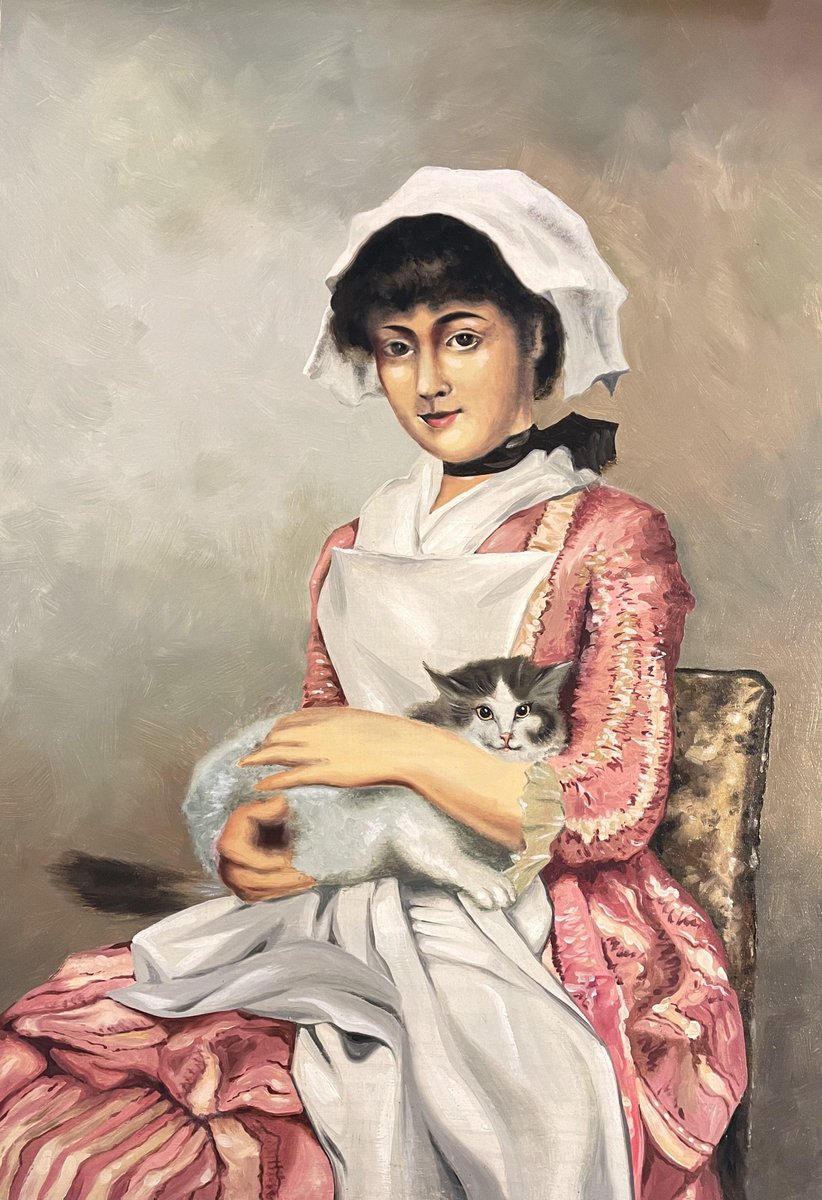 European School, Portrait of a Lady with Cat, Mid-20th Century, Oil on Panel