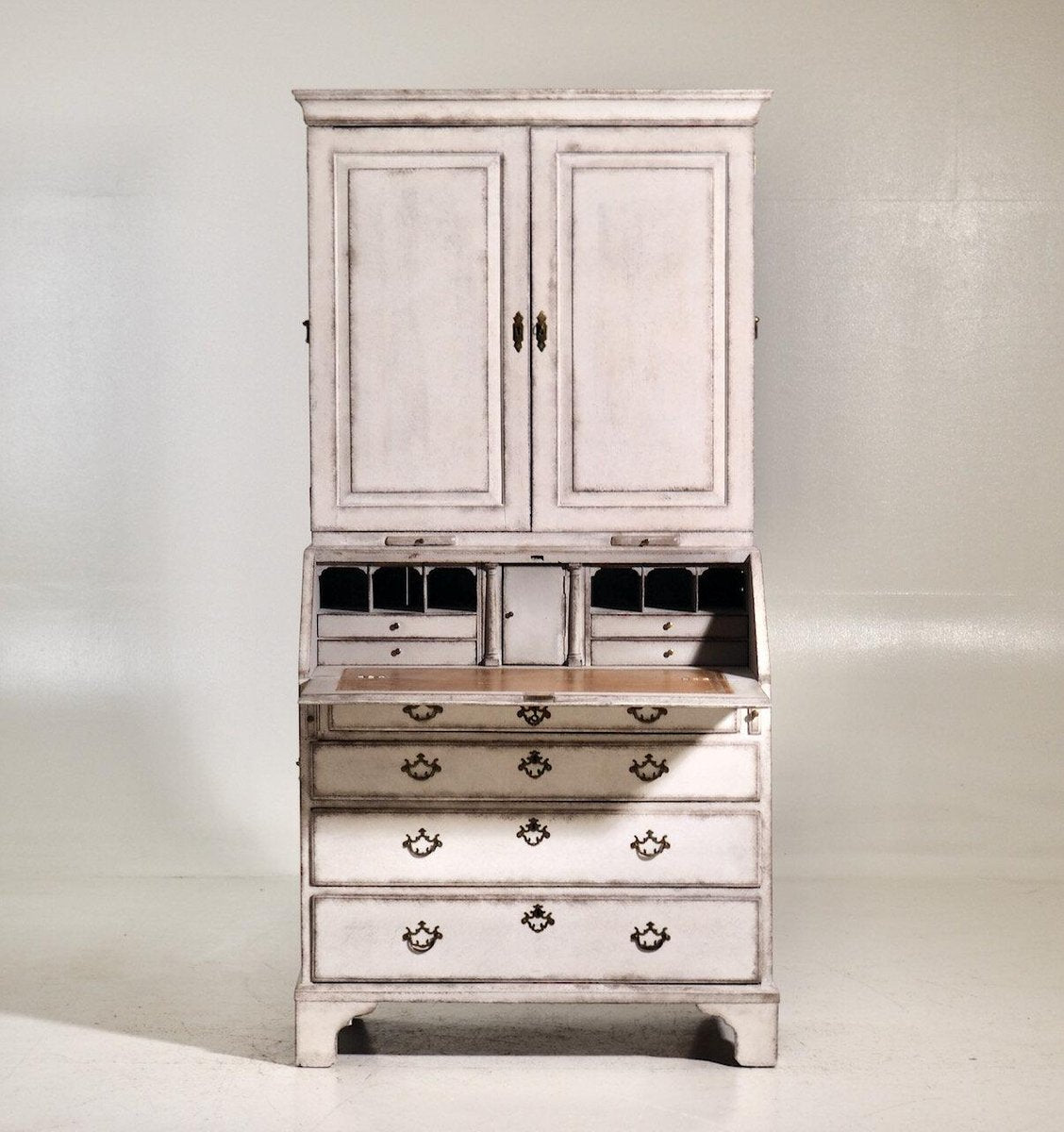 European Two-Part Bureau with Inlaid Leather and Secret Compartment, 19th Century