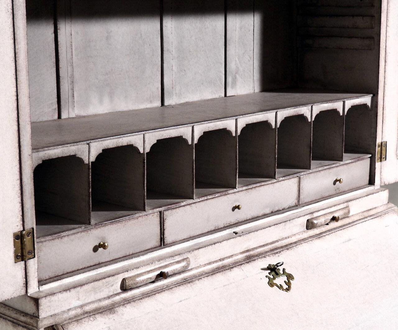 European Two-Part Bureau with Inlaid Leather and Secret Compartment, 19th Century