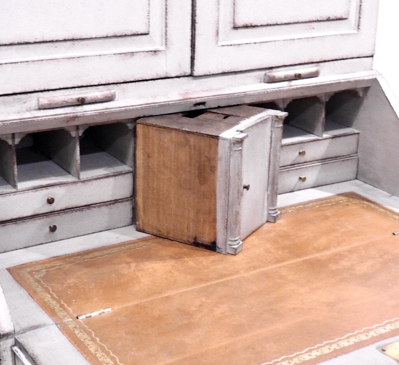 European Two-Part Bureau with Inlaid Leather and Secret Compartment, 19th Century