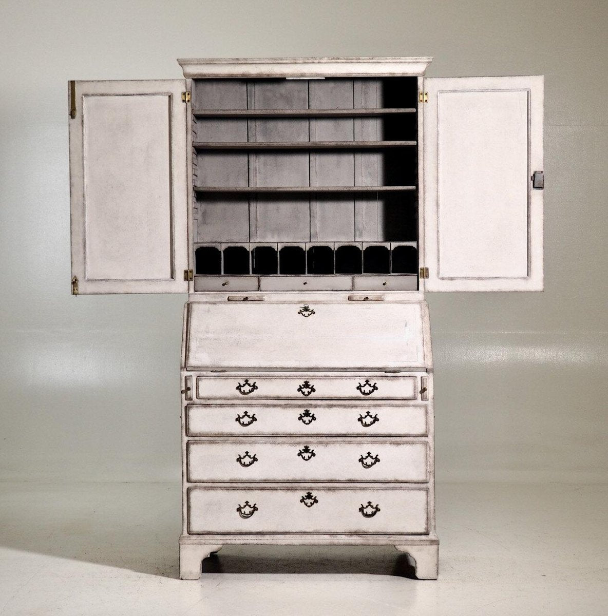 European Two-Part Bureau with Inlaid Leather and Secret Compartment, 19th Century