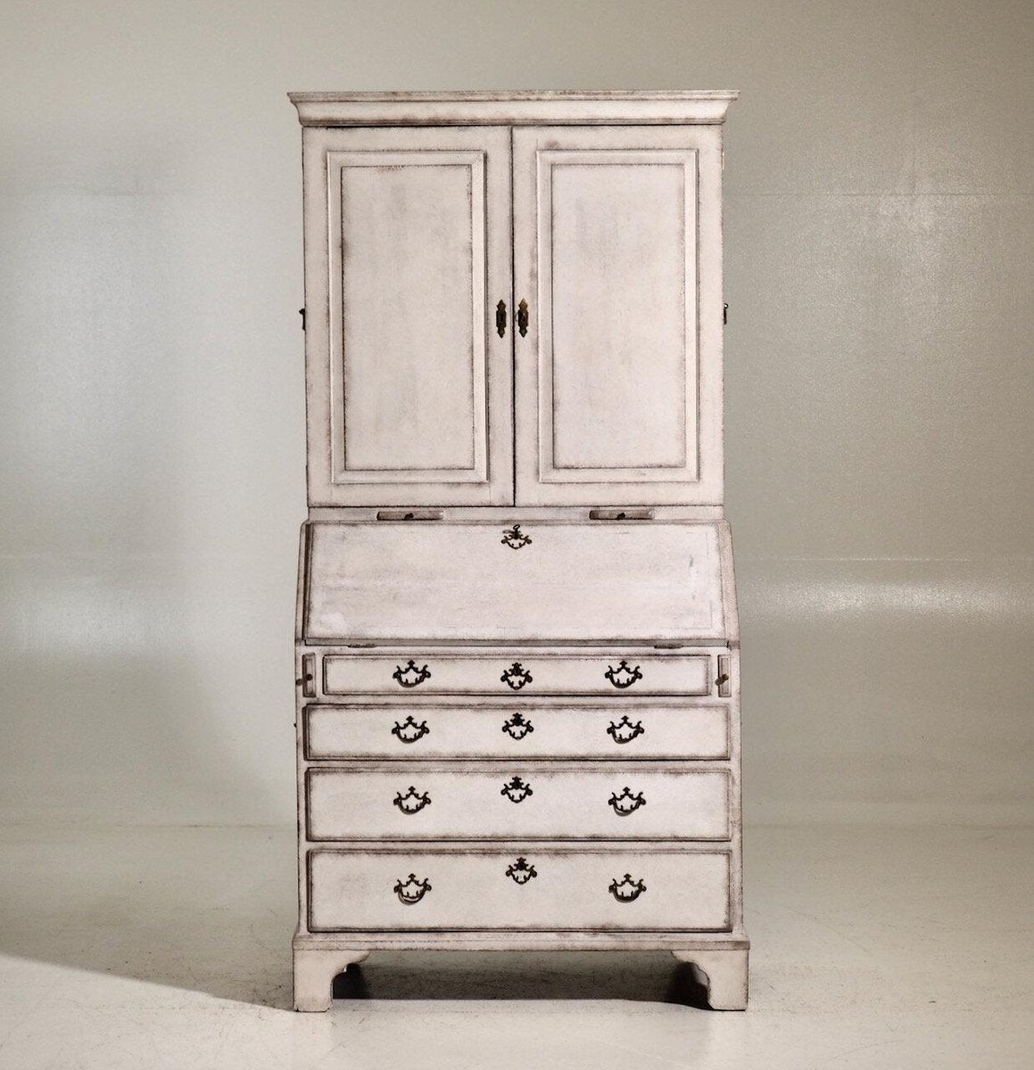 European Two-Part Bureau with Inlaid Leather and Secret Compartment, 19th Century