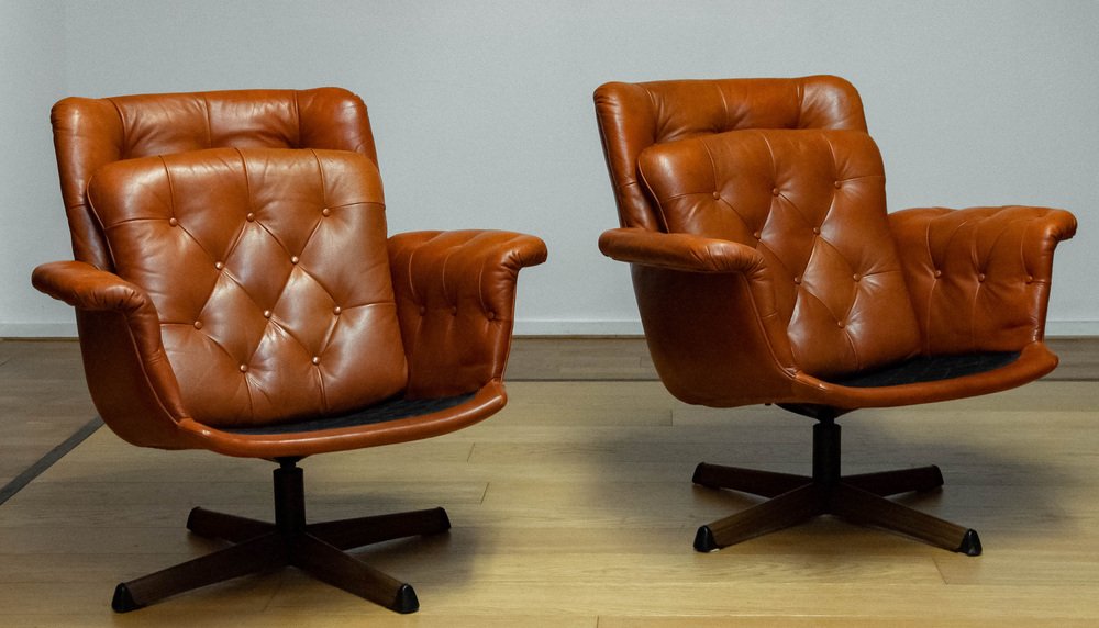 Eva Swivel Chairs in Cognac Leather attributed to Göte Möbler Nässjö, Sweden, 1960s, Set of 2-JE-1773322