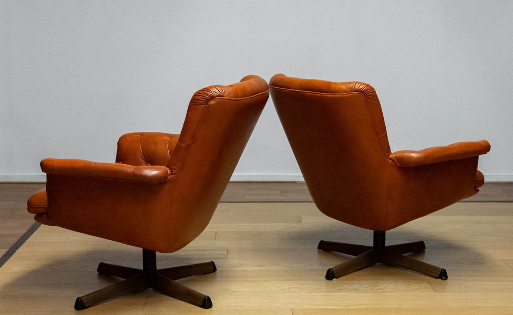 Eva Swivel Chairs in Cognac Leather attributed to Göte Möbler Nässjö, Sweden, 1960s, Set of 2-JE-1773322