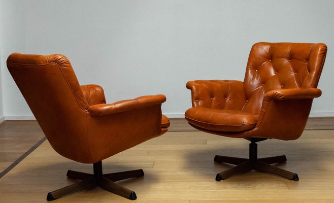 Eva Swivel Chairs in Cognac Leather attributed to Göte Möbler Nässjö, Sweden, 1960s, Set of 2-JE-1773322