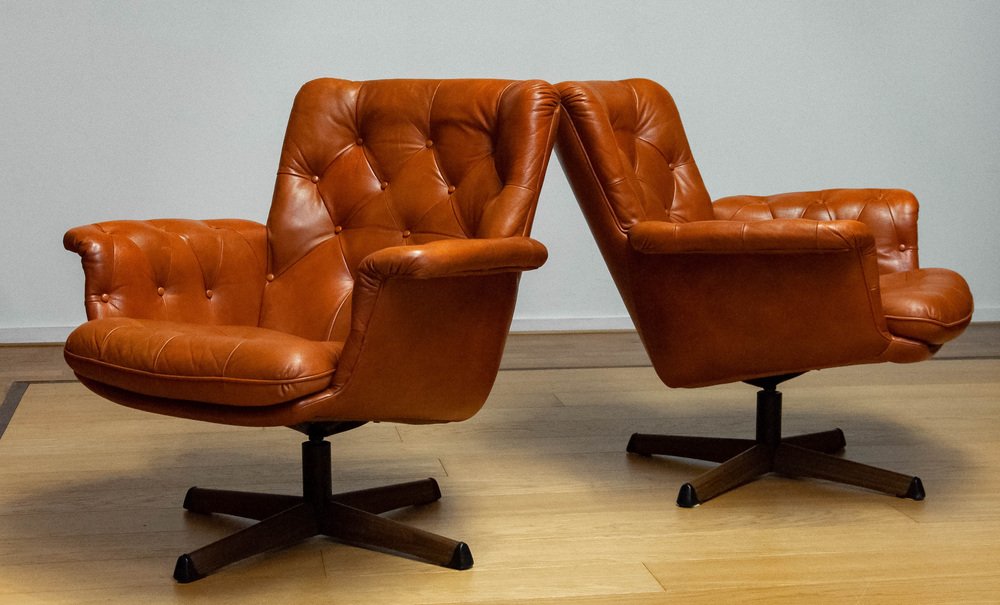 Eva Swivel Chairs in Cognac Leather attributed to Göte Möbler Nässjö, Sweden, 1960s, Set of 2-JE-1773322