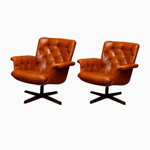 Eva Swivel Chairs in Cognac Leather attributed to Göte Möbler Nässjö, Sweden, 1960s, Set of 2-JE-1773322