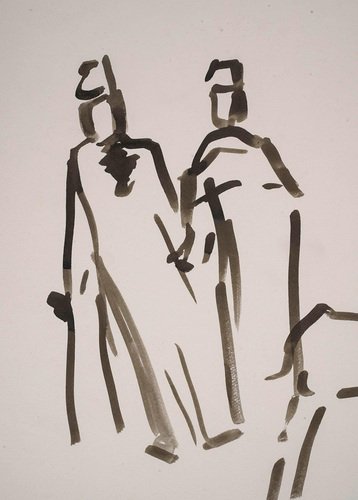 Evelyne Luez, Figures, Wash Drawing on Paper, 20th Century