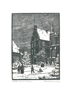 Evertz, Bocholt, Winter at the Town Hall, 1990s, Woodcut-QAI-1389901