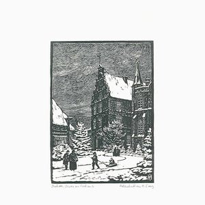 Evertz, Bocholt, Winter at the Town Hall, 1990s, Woodcut-QAI-1389901