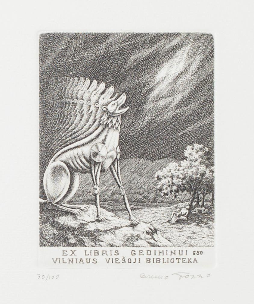 Ex Libris Gediminas 650 Vilnius Public Library Etching by Bruno Pozzo, 1950