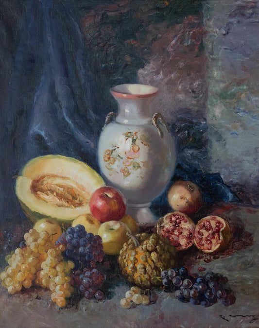 Exotic Mediterranean Fruit and Vase, Oil on Canvas, 1920s, Framed