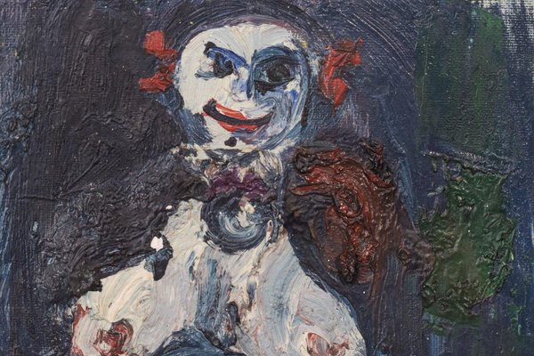 Expressionist Painting of a Clown, Mid 20th-Century, Oil on Canvas, Framed-AOI-1106693