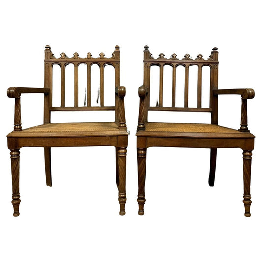 Exquisite Gothic Walnut Armchairs, 1850s, Set of 2