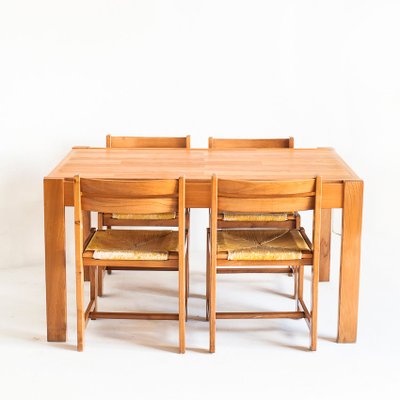 Extensible Table Assembly and Chairs of Rationalist Design in Elm Wood, France, 1970s, Set of 5-ZFJ-1803829