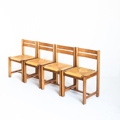 Extensible Table Assembly and Chairs of Rationalist Design in Elm Wood, France, 1970s, Set of 5-ZFJ-1803829