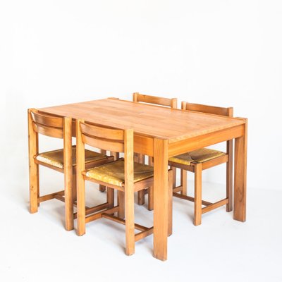 Extensible Table Assembly and Chairs of Rationalist Design in Elm Wood, France, 1970s, Set of 5-ZFJ-1803829