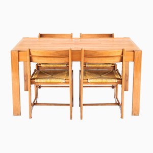 Extensible Table Assembly and Chairs of Rationalist Design in Elm Wood, France, 1970s, Set of 5-ZFJ-1803829