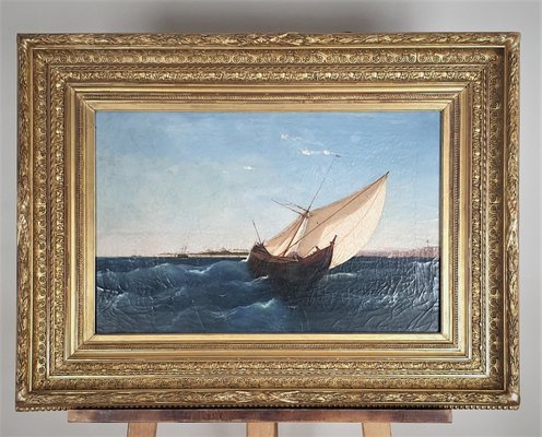 F Berré, HST Navire devant Constantinople, 19th Century, Oil on Canvas, Framed-SYQ-1179339