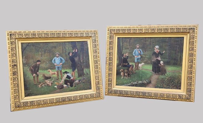 F Brillaud, Hunting Scenes, 19th Century, Oil Paintings on Canvas, Set of 2-SYQ-1283446